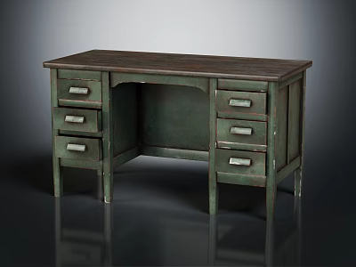 Vintage Green Wooden Desk Featuring Multiple Drawers And Classic Design 3d model