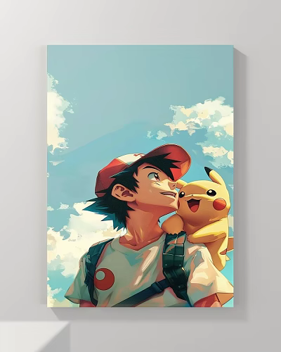 Vibrant Animal Painting of Smiling Pikachu and Boy with Red Cap Under Blue Sky Clouds 3d model