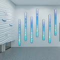 Water Themed Exhibition Hall Interior With Droplet Patterned Walls Blue Ceiling And Stairs