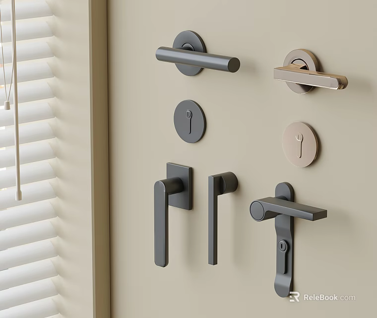Modern Metal Door Handles in Various Styles Mounted on Beige Home Interior Wall 3d model 