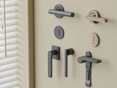 Modern Metal Door Handles in Various Styles Mounted on Beige Home Interior Wall 3d model