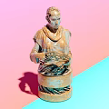 Landscape Sculpture Human Figure Holding Circular Geometric Pattern With Decorative Base Pastel Pink Blue Background