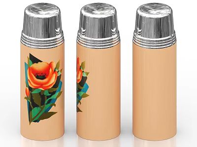Three Beige Household Containers With Silver Lids And Orange Floral Prints 3d model