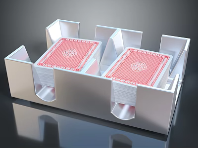 Two Red Playing Cards with Intricate Back Design Held in Silver Card Holder 3d model