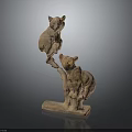 Stone Bear Sculpture With Two Interacting Bears On Branch And Base 3d model