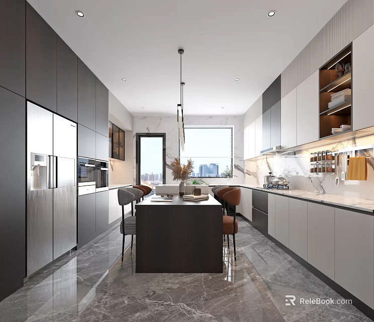 Modern Kitchen Interior With Gray White Cabinets Marble Island And Pendant Lights 3d model 