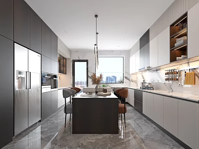 Modern Kitchen Interior With Gray White Cabinets Marble Island And Pendant Lights 3d model