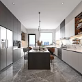Modern Kitchen Interior With Gray White Cabinets Marble Island And Pendant Lights