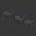 Gray Camel Figurines In Different Poses Standing And Kneeling On Dark Background
