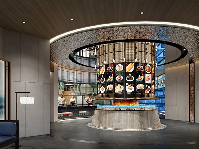 Modern Restaurant With Circular Central Display Digital Screens Showing Food Images Marble Countertop Open Kitchen 3d model