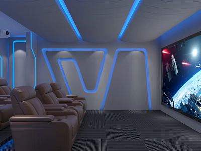 Home Theater Room Interior With Brown Leather Seats Large Screen And Blue Ambient Lighting 3d model