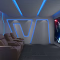 Home Theater Room Interior With Brown Leather Seats Large Screen And Blue Ambient Lighting