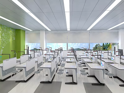 Modern Laboratory Interior With Multiple Lab Benches Chairs And Bright Lighting Through Windows 3d model