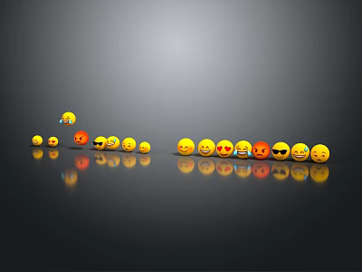 Various Yellow Emojis With Different Expressions Arranged On Black Background With Reflection 3d model