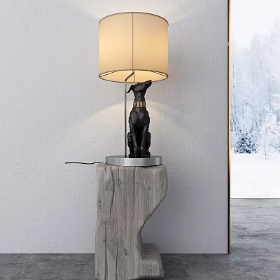 Unique Shaped Table Lamp with Dog Sculpture Design and Wooden Base Beige Lampshade Home Decor 3d model