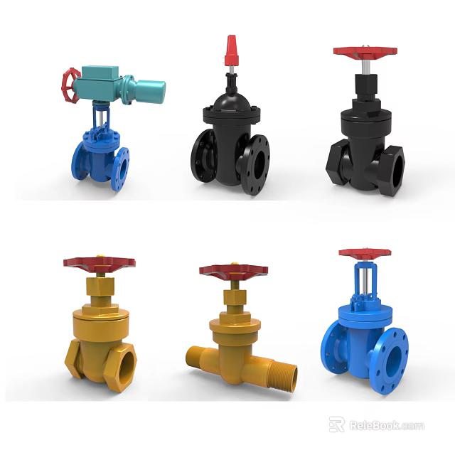 Various Colored Industrial Valves With Red Handwheels And Flanged Connections 3d model 