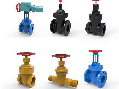 Various Colored Industrial Valves With Red Handwheels And Flanged Connections 3d model