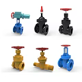 Various Colored Industrial Valves With Red Handwheels And Flanged Connections