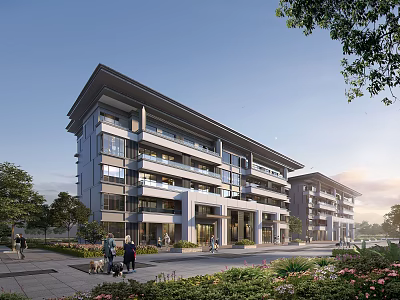 Modern Multistory Residential Building With Glass Facade Balconies Landscaped Gardens And People Walking 3d model