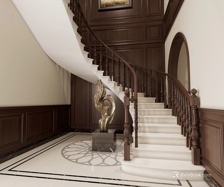 Luxurious Staircase Hall With Dark Wooden Walls White Steps Carved Railings And Golden Sculpture 3d model 
