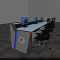 Office Workstation With Computer Monitors Black Chairs Blue LED Strip Red Side Logo Gray Carpet