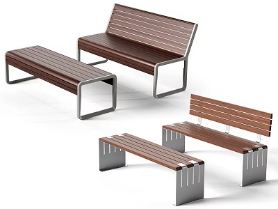 Modern Slatted Wooden Benches With Metal Frames For Outdoor Public Seating 3d model