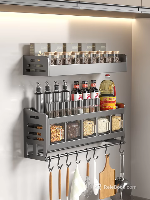 Organized Kitchen Spice Rack With Stainless Steel Condiment Bottles And Dry Ingredients Storage 3d model 