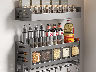 Organized Kitchen Spice Rack With Stainless Steel Condiment Bottles And Dry Ingredients Storage 3d model