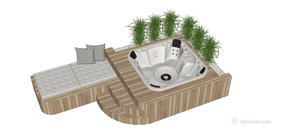 Luxurious Bathroom With Wooden Deck Jacuzzi Tub Bench Cushions And Green Plants 3d model 