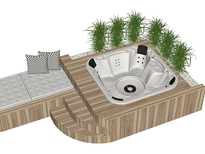 Luxurious Bathroom With Wooden Deck Jacuzzi Tub Bench Cushions And Green Plants 3d model
