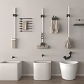 White Bathroom Fixtures With Wall Mounted Towel Racks And Cleaning Tools 3d model
