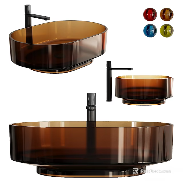 Modern Brown Glass Oval Washbasin Design With Black Faucet And Color Options 3d model 