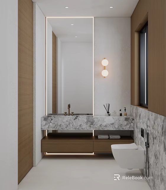 Modern Bathroom Interior With Marble Vanity Mirror Round Wall Lights And Wooden Cabinets 3d model 
