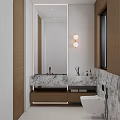 Modern Bathroom Interior With Marble Vanity Mirror Round Wall Lights And Wooden Cabinets