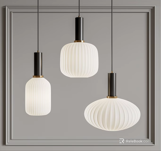 Modern Minimalist Pendant Lights With White Ribbed Shades And Black Metal Frames 3d model 