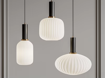 Modern Minimalist Pendant Lights With White Ribbed Shades And Black Metal Frames 3d model