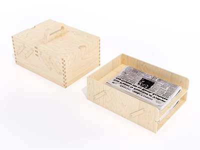 Wooden Decorative Ornament Set With Handle Box And Open Tray Holding Newspaper 3d model