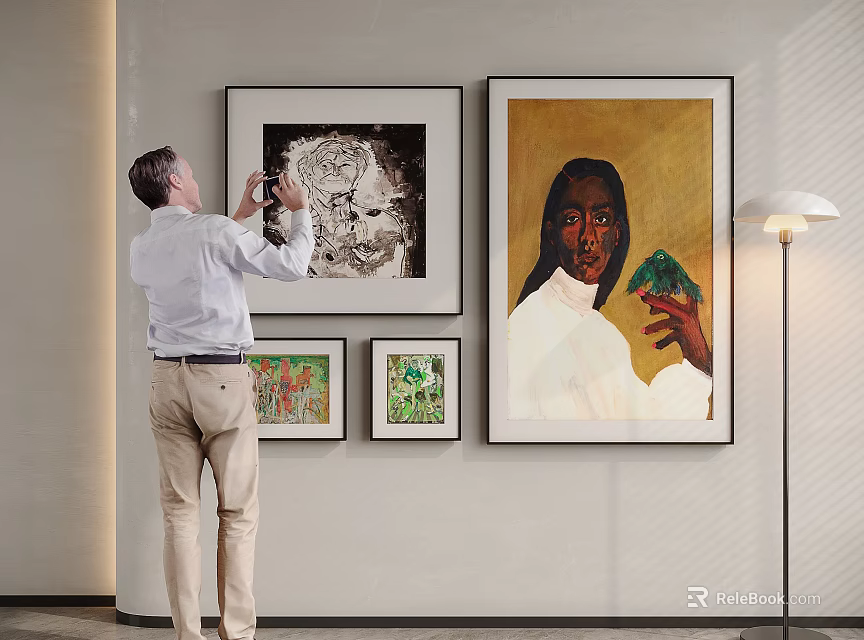 Abstract Painting Displayed On Interior Wall With Framed Artworks Being Viewed By Man 3d model 