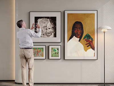 Abstract Painting Displayed On Interior Wall With Framed Artworks Being Viewed By Man 3d model