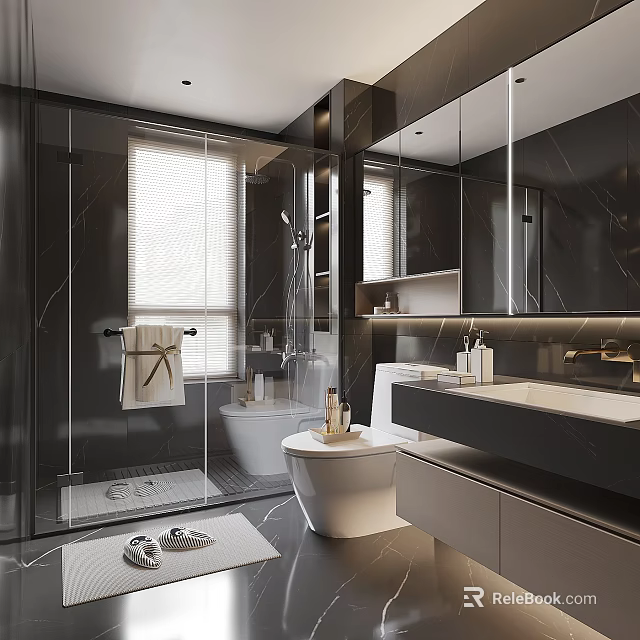Modern Bathroom Interior Design With Glass Shower Toilet Vanity Large Mirror And Tiles 3d model 