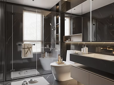 Modern Bathroom Interior Design With Glass Shower Toilet Vanity Large Mirror And Tiles 3d model
