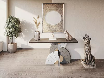 Modern Entryway Console Table With Circular Artwork Green Plant And Dog Statue 3d model