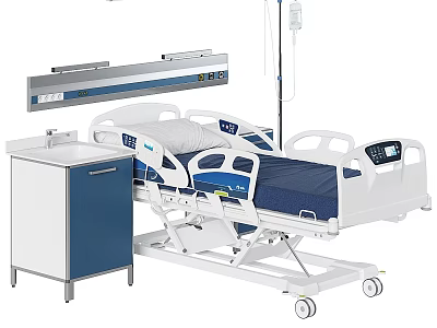 Adjustable Medical Hospital Bed With Control Panel And Bedside Cabinet 3d model