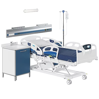 Adjustable Medical Hospital Bed With Control Panel And Bedside Cabinet 3d model