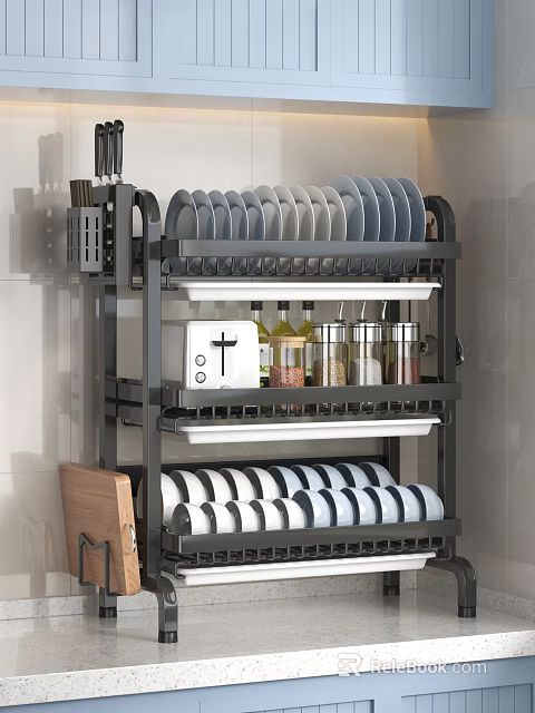 Kitchen Multi Layer Storage Rack Organizing Kitchenware Plates Cups Toaster and Spice Jars 3d model 