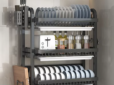 Kitchen Multi Layer Storage Rack Organizing Kitchenware Plates Cups Toaster and Spice Jars 3d model