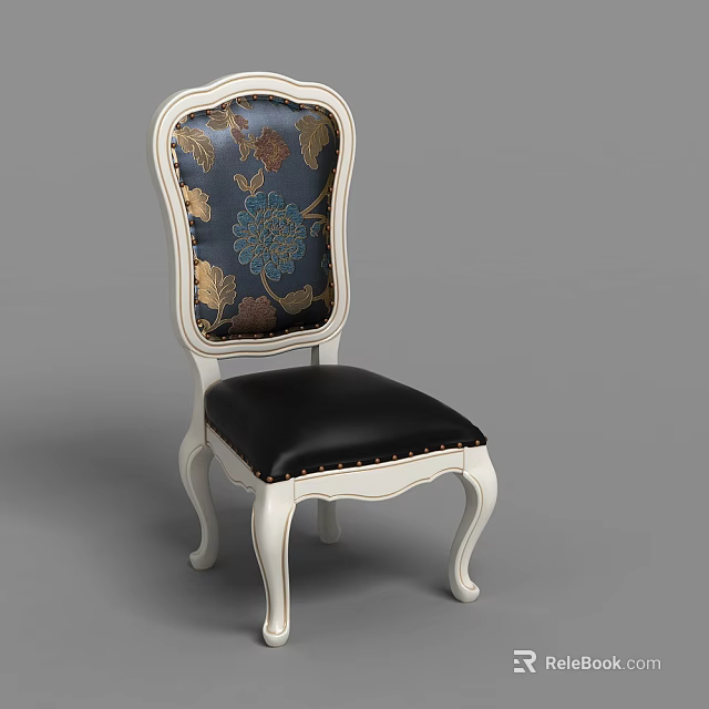 Vintage Style Dining Chair With Floral Pattern Backrest Black Leather Seat And White Legs 3d model 