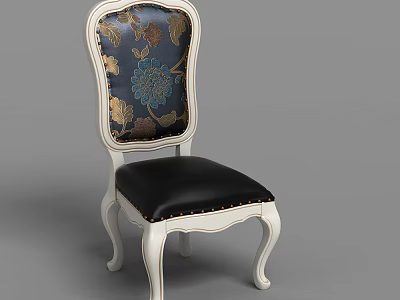 Vintage Style Dining Chair With Floral Pattern Backrest Black Leather Seat And White Legs 3d model