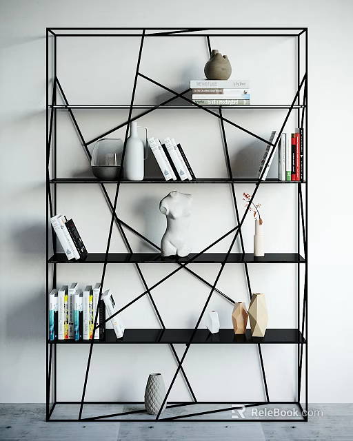 Modern Geometric Bookshelf With Black Frame Design Featuring Books Sculptures And Vases 3d model 
