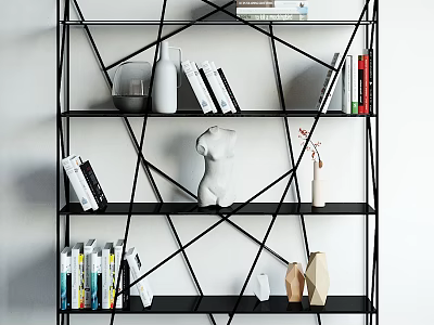 Modern Geometric Bookshelf With Black Frame Design Featuring Books Sculptures And Vases 3d model